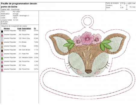 Motif de broderie machine porte clés biche  personnalisable  ITH