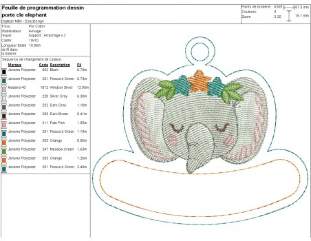 Motif de broderie machine porte clés éléphant  personnalisable  ITH