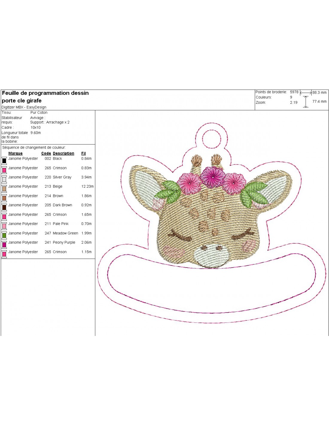 Motif De Broderie Porte Cl Girafe Personnaliser En ITH