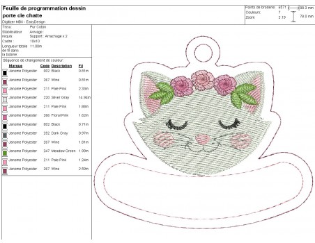 Motif de broderie machine porte clés chatte personnalisable  ITH