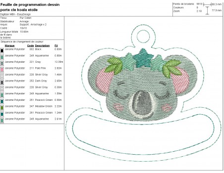 Motif de broderie machine porte clés koala  personnalisable  ITH