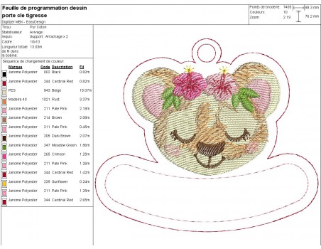 Motif de broderie machine porte clés tigresse personnalisable  ITH