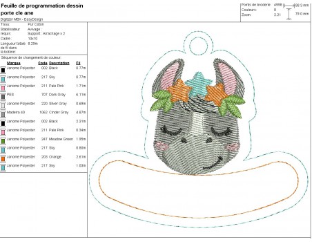 Motif de broderie machine porte clés âne  personnalisable  ITH