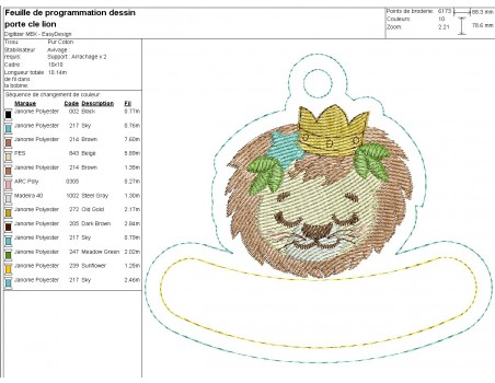 Motif de broderie machine porte clés lion  personnalisable  ITH