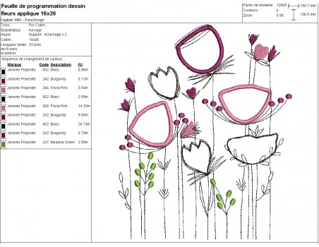 Motif de broderie machine  appliqué fleurs