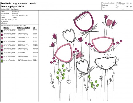 Motif de broderie machine  appliqué fleurs