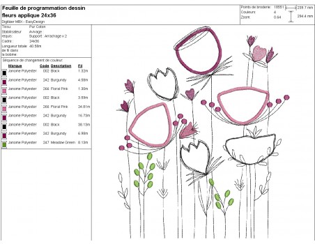 Motif de broderie machine  appliqué fleurs