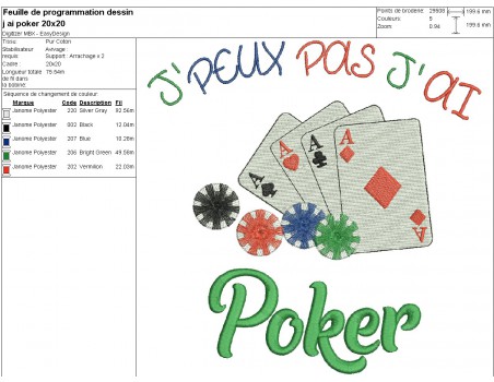 Motif de broderie machine  j'peux pas j'ai Poker