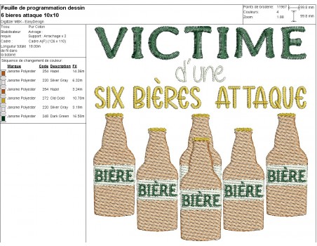 Motif de broderie machine  texte humour bière