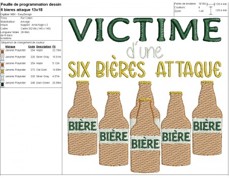 Motif de broderie machine  texte humour bière