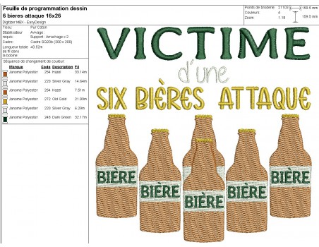 Motif de broderie machine  texte humour bière