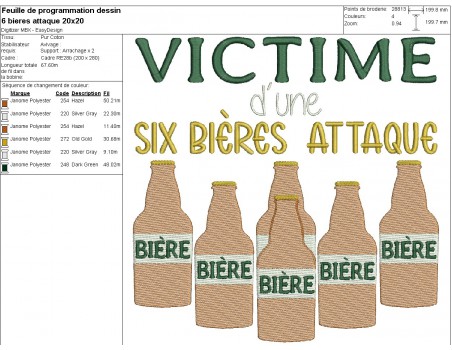 machine embroidery design text six beers attack