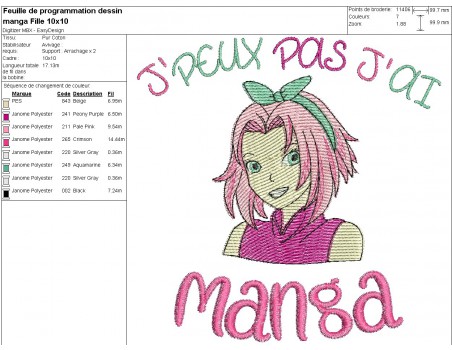 Motif de broderie machine manga fille