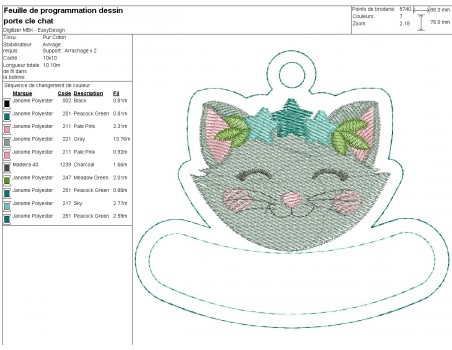 Motif de broderie machine porte clés chat personnalisable  ITH