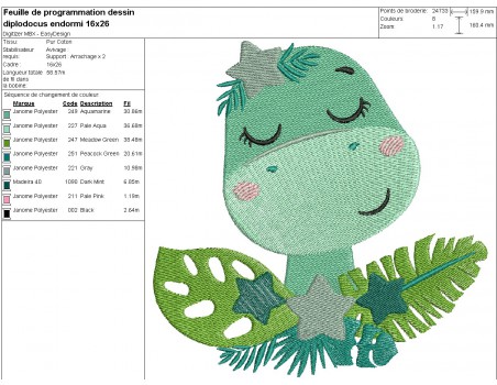 machine embroidery design  sleeping diplodocus dinosaur with stars