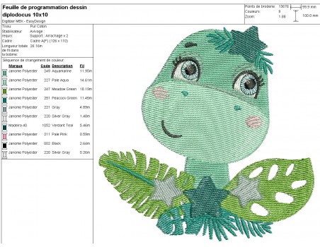 Motif de broderie machine dinosaure diplodocus avec ses étoiles