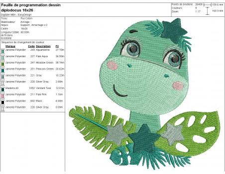 Motif de broderie machine dinosaure diplodocus avec ses étoiles