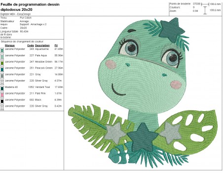 Motif de broderie machine dinosaure diplodocus avec ses étoiles