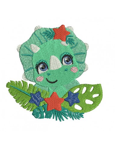 Motif de broderie machine dinosaure triceratops avec ses étoiles