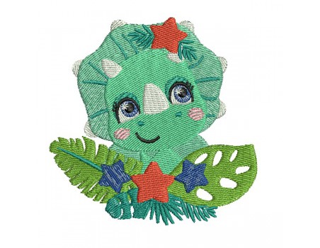 Motif de broderie machine dinosaure triceratops avec ses étoiles