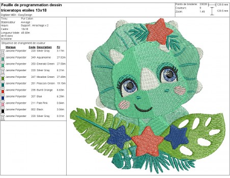 machine embroidery design triceratops dinosaur with stars