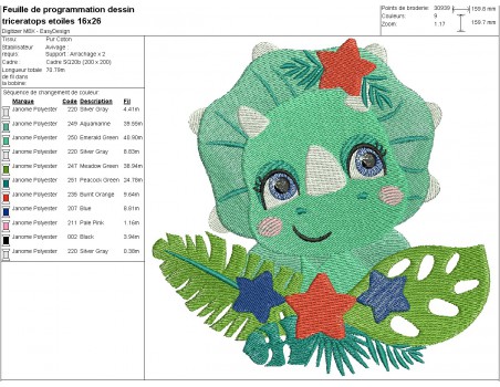 Motif de broderie machine dinosaure triceratops avec ses étoiles