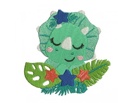 machine embroidery design  sleeping triceratops dinosaur with stars