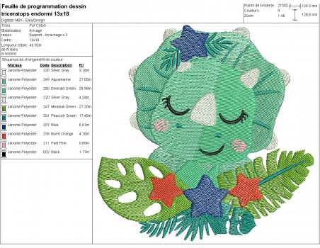 machine embroidery design  sleeping triceratops dinosaur with stars