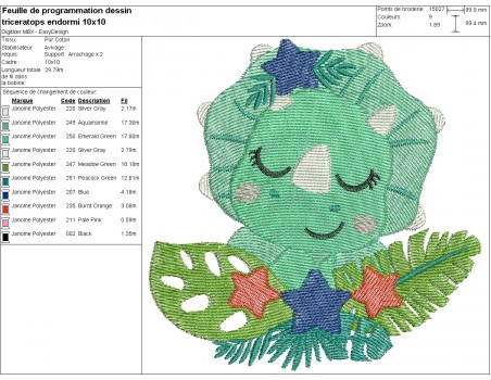 machine embroidery design  sleeping triceratops dinosaur with stars