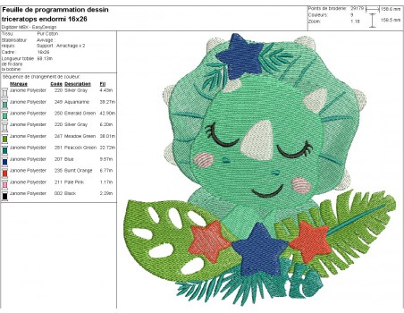 machine embroidery design  sleeping triceratops dinosaur with stars