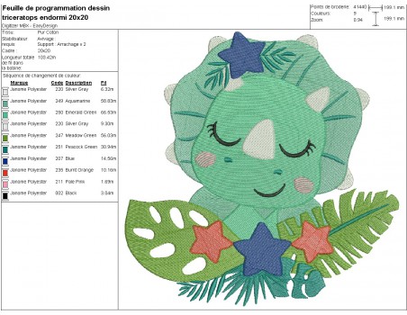 machine embroidery design  sleeping triceratops dinosaur with stars