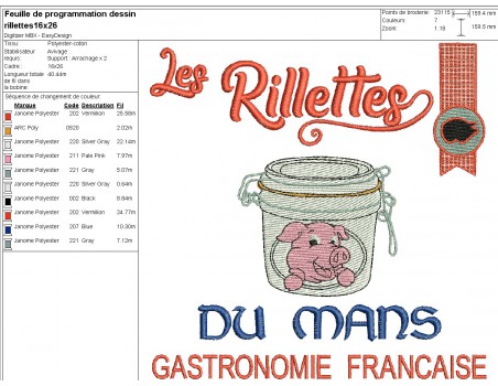 machine embroidery  design Le Mans rillettes