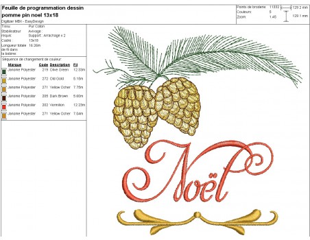 Motif de broderie machine pomme de pin  Noël