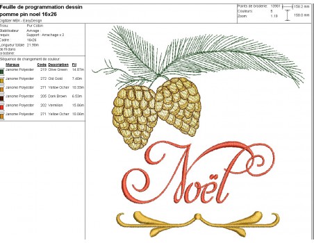 Motif de broderie machine pomme de pin  Noël