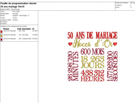 Motif de broderie machine  noces d or 50 ans de mariage