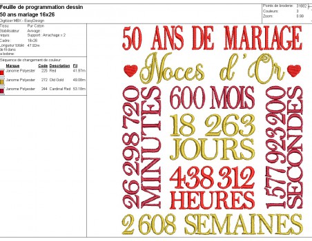 Motif de broderie machine  noces d or 50 ans de mariage