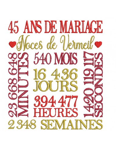 Motif de broderie machine  noces de vermeil 45 ans de mariage personnalisable