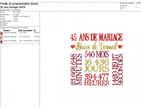 Motif de broderie machine  noces de vermeil 45 ans de mariage personnalisable