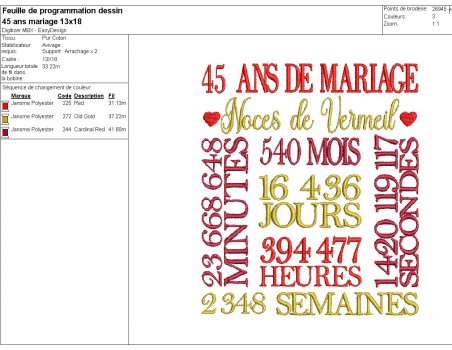 Motif de broderie machine  noces de vermeil 45 ans de mariage personnalisable