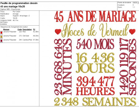 Motif de broderie machine  noces de vermeil 45 ans de mariage personnalisable