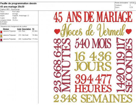 Motif de broderie machine  noces de vermeil 45 ans de mariage personnalisable