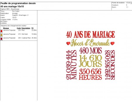 Motif de broderie machine  noces d émeraude 40 ans de mariage