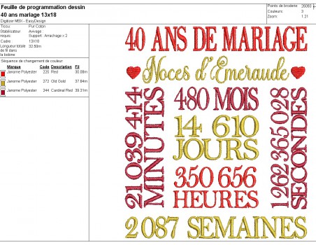 Motif de broderie machine  noces d émeraude 40 ans de mariage