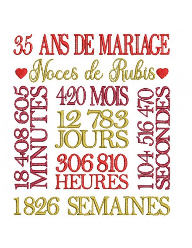 Motif de broderie machine  noces de rubis 35 ans de mariage