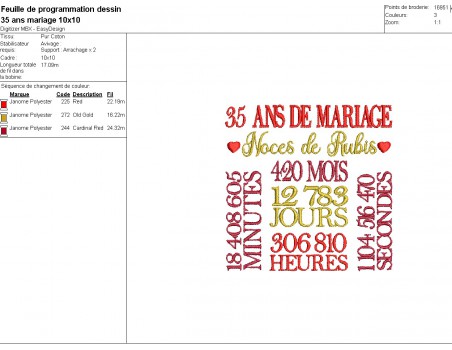 Motif de broderie machine  noces de rubis 35 ans de mariage