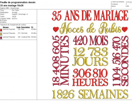 Motif de broderie machine  noces de rubis 35 ans de mariage