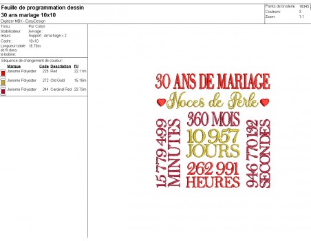 Motif de broderie machine  noces de perle 30 ans de mariage