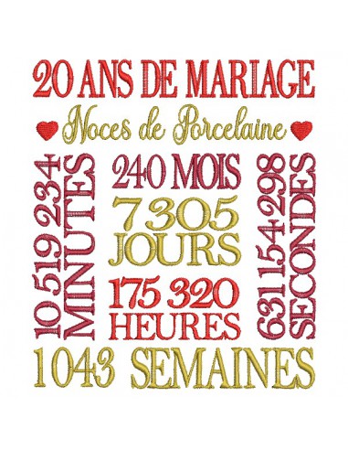 Motif de broderie machine  noces de porcelaine 20 ans de mariage