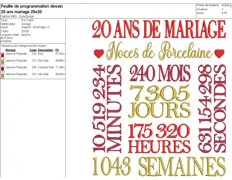 Motif de broderie machine  noces de porcelaine 20 ans de mariage