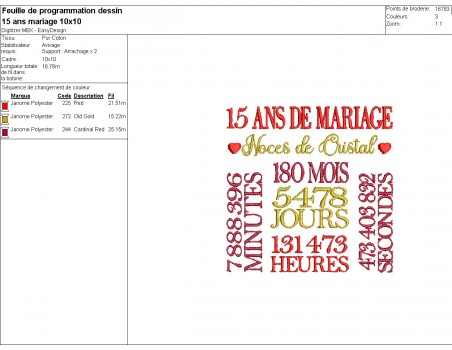 Motif de broderie machine  noces de cristal 15 ans de mariage